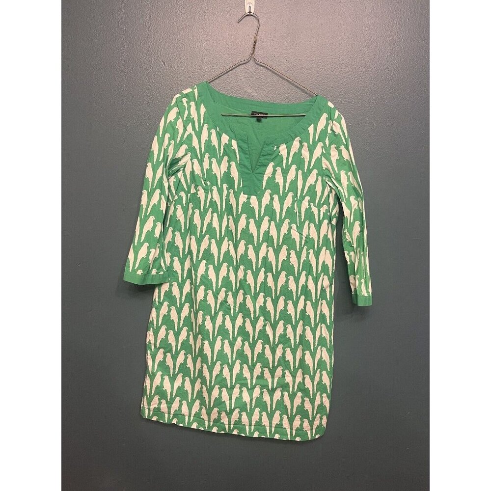 Talbots Green White Parrot V-Neck Shift Dress Size 8 Short 3/4 Sleeve Cotton